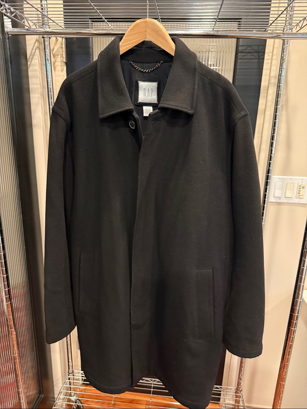 GAP Men’s XXL Black Wool Blend Car Coat Long Overcoat Hidden Placket Chain Hang